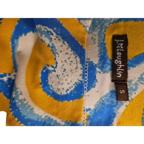 J. McLaughlin yellow with blue and white pattern dress with  cinched side. Size - Picture 3 of 4
